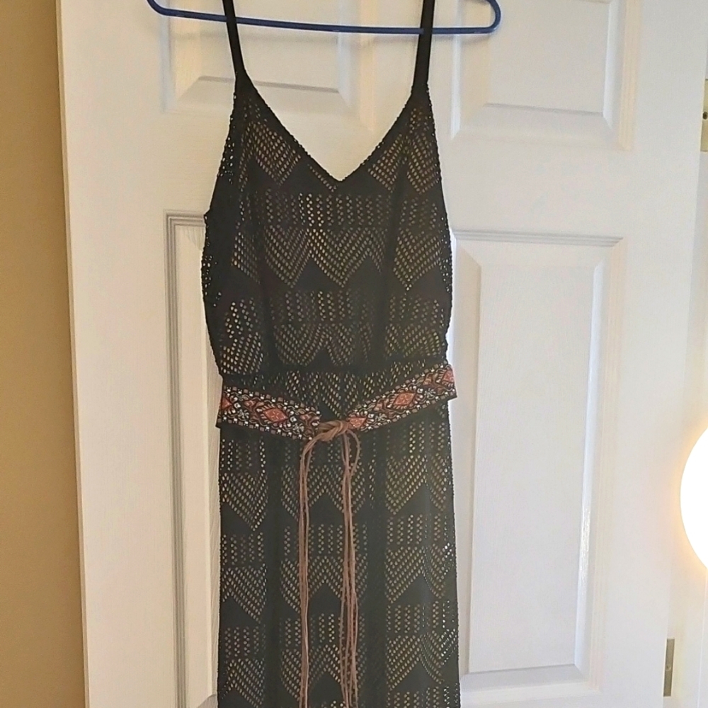 Black and Gold Patterned Dress with Belt